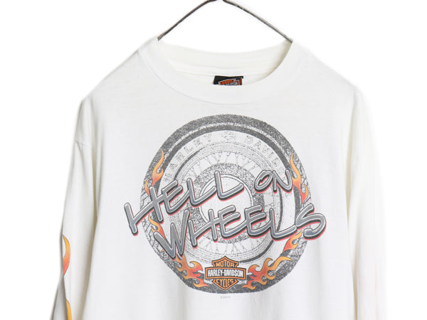 00s USA製 ハーレー ダビットソン 4面 プリント 長袖 Tシャツ メンズ M オールド イラスト ファイヤー パターン グラフィック バイク ロンT