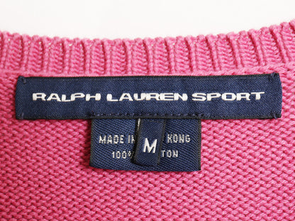 ラルフローレン コットン ニット セーター レディース M / ポロ スポーツ Vネック リブ編み ストレッチ ワンポイント ポニー 刺繍 ピンク