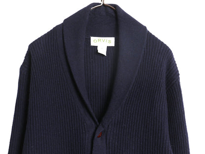 00s オービス ショールカラー ニット カーディガン メンズ M オールド ラム ウール セーター リブ編み チャンキー アウトドア 前開き 無地