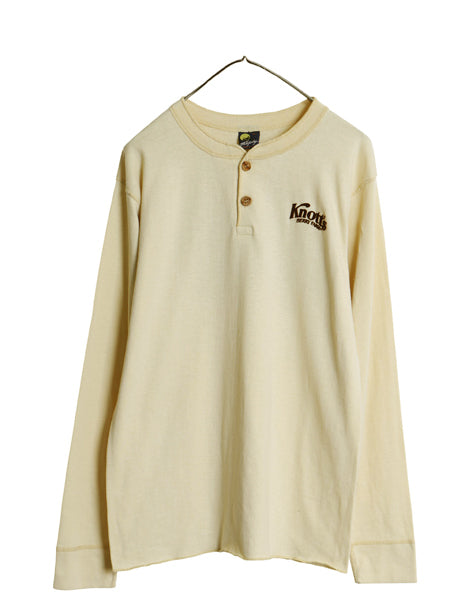 80s USA製 企業 両面 プリント ヘンリーネック 長袖 Tシャツ メンズ L 古着 ヴィンテージ アート イラスト ロンT アンダーシャツ インナー