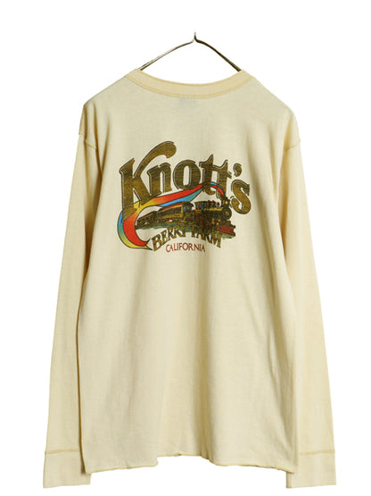 80s USA製 企業 両面 プリント ヘンリーネック 長袖 Tシャツ メンズ L 古着 ヴィンテージ アート イラスト ロンT アンダーシャツ インナー