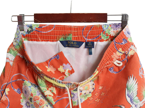 ポロ ラルフローレン 総柄 ショートパンツ メンズ M 和柄 アロハ ナイロン コットン スイム ショーツ 短パン 海パン 水陸両用 インナー付き