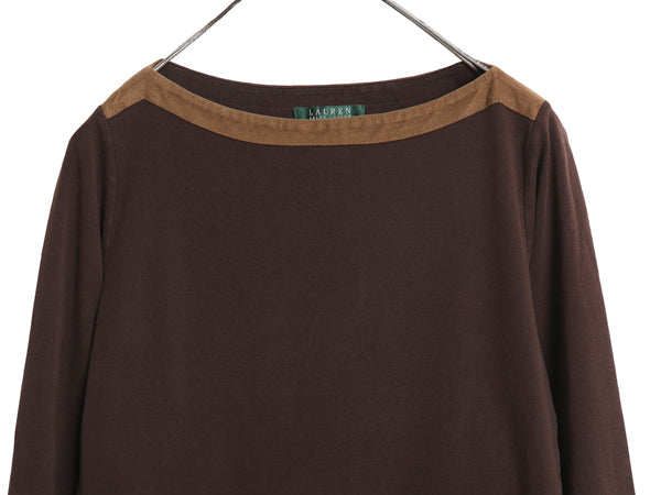 00s ローレン ラルフローレン ボートネック トリム 7分袖 Tシャツ レディース M オールド ポロ コットン ストレッチ リブ編み カットソー
