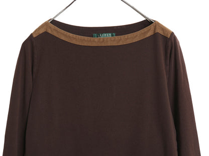 00s ローレン ラルフローレン ボートネック トリム 7分袖 Tシャツ レディース M オールド ポロ コットン ストレッチ リブ編み カットソー