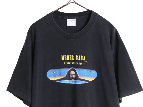 90s ★ メヘルバーバー 宗教家 イラスト プリント Tシャツ メンズ L / オールド メッセージ ヘビーウェイト シングルステッチ ALLSPORT 黒