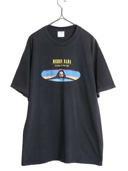 90s ★ メヘルバーバー 宗教家 イラスト プリント Tシャツ メンズ L / オールド メッセージ ヘビーウェイト シングルステッチ ALLSPORT 黒