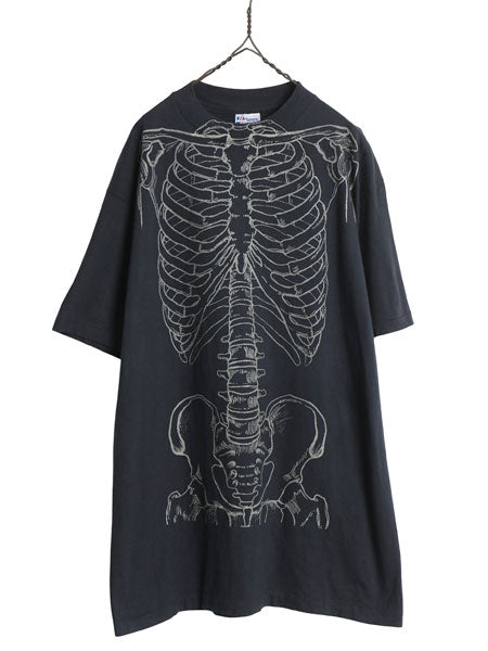 80s USA製 ★ レスリーアーウィン 人体骨格 プリント Tシャツ メンズ XL / 古着 ヴィンテージ アート イラスト スカル シングルステッチ 黒