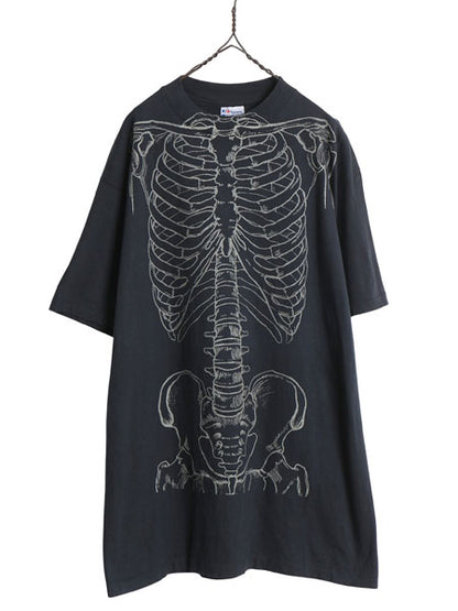 80s USA製 ★ レスリーアーウィン 人体骨格 プリント Tシャツ メンズ XL / 古着 ヴィンテージ アート イラスト スカル シングルステッチ 黒