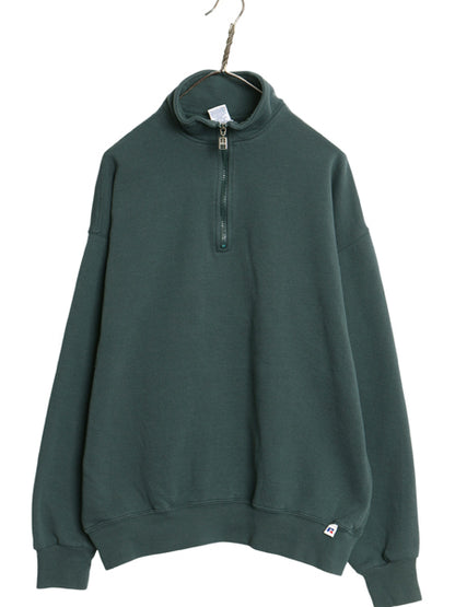 90s ラッセル ハーフジップ スウェット メンズ レディース XL 古着 オールド トレーナー 裏起毛 大きいサイズ 無地 ブランク ハイネック 緑