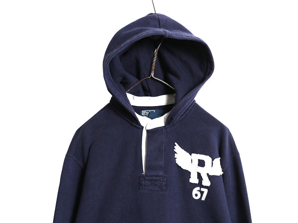 00s ポロ ラルフローレン スウェット フード パーカー メンズ L / オールド ラガー タイプ 裏起毛 トレーナー R-WING 刺繍 プルオーバー紺