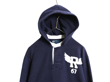 00s ポロ ラルフローレン スウェット フード パーカー メンズ L / オールド ラガー タイプ 裏起毛 トレーナー R-WING 刺繍 プルオーバー紺