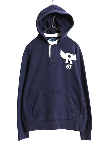 00s ポロ ラルフローレン スウェット フード パーカー メンズ L / オールド ラガー タイプ 裏起毛 トレーナー R-WING 刺繍 プルオーバー紺