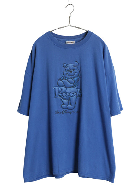90s プーさん 立体 プリント Tシャツ メンズ レディース XXL 程 オールド ディズニー オフィシャル キャラクター イラスト 大きいサイズ 青