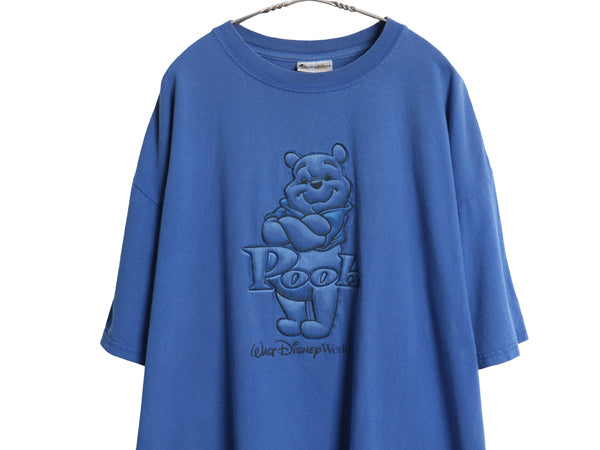 90s プーさん 立体 プリント Tシャツ メンズ レディース XXL 程 オールド ディズニー オフィシャル キャラクター イラスト 大きいサイズ 青