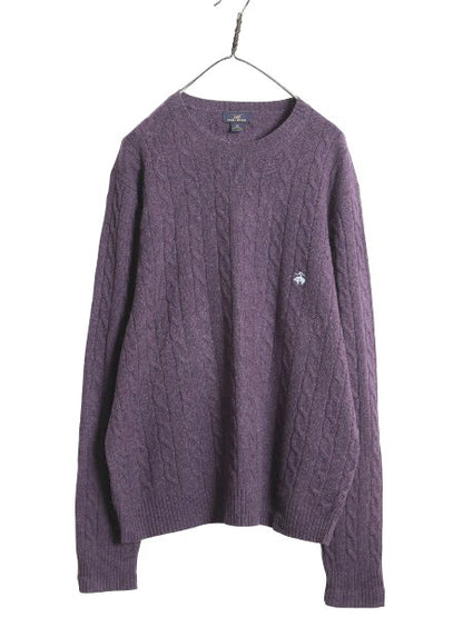 ブルックスブラザーズ ケーブル ニット セーター メンズ XL / ラム ウール 長袖ニット ワンポイント クルーネック シンプル 薄手 パープル