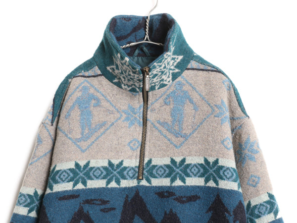 90s エルエルビーン ハーフジップ ウール ジャケット レディース M メンズ S 程 オールド ノルディック 総柄 プルオーバー ブルゾン ラグ