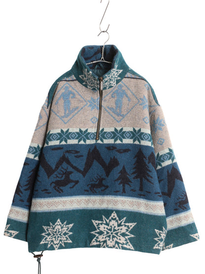 90s エルエルビーン ハーフジップ ウール ジャケット レディース M メンズ S 程 オールド ノルディック 総柄 プルオーバー ブルゾン ラグ