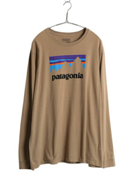 パタゴニア プリント 長袖 Tシャツ メンズ L / 17年製 古着 アウトドア ロンT ロングスリーブ グラフィック ステッカー ロゴT ベージュ P-6
