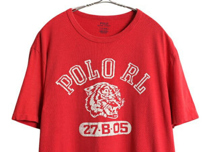 ポロ ラルフローレン 3段 フロッキー プリント 半袖 Tシャツ メンズ L ヴィンテージ モデル タイガー カットソー シングルステッチ レッド