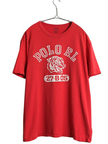 ポロ ラルフローレン 3段 フロッキー プリント 半袖 Tシャツ メンズ L ヴィンテージ モデル タイガー カットソー シングルステッチ レッド