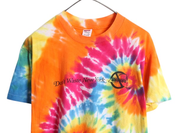 90s USA製 ヘインズ メッセージ プリント タイダイ 半袖 Tシャツ メンズ L / 古着 オールド 総柄 カラフル マルチカラー シングルステッチ