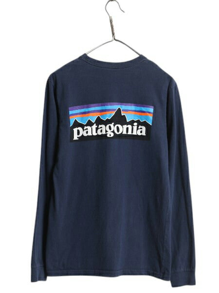 パタゴニア 両面 プリント 長袖 Tシャツ メンズ XS 古着 17年製 アウトドア ロンT ロングスリーブ ロゴT P6 バックプリント カットソー 紺