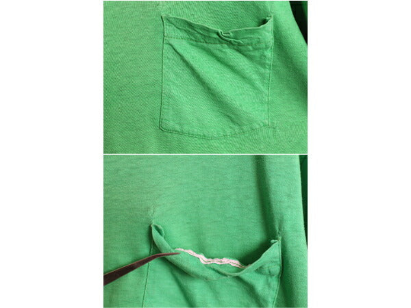 80s USA製 フルーツオブザルーム ポケット付き 無地 半袖 Tシャツ メンズ M 小さめ S 程/ ヴィンテージ シングルステッチ ポケT 耳付き 緑
