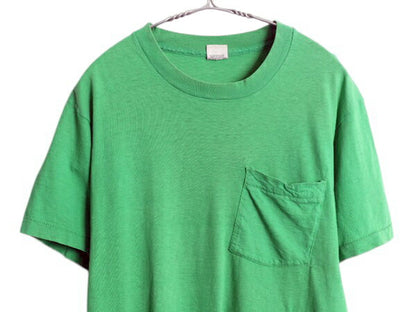 80s USA製 フルーツオブザルーム ポケット付き 無地 半袖 Tシャツ メンズ M 小さめ S 程/ ヴィンテージ シングルステッチ ポケT 耳付き 緑