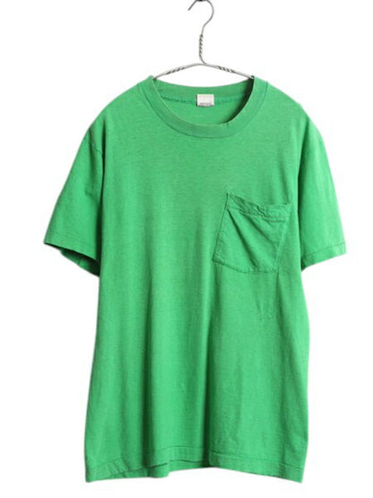 80s USA製 フルーツオブザルーム ポケット付き 無地 半袖 Tシャツ メンズ M 小さめ S 程/ ヴィンテージ シングルステッチ ポケT 耳付き 緑