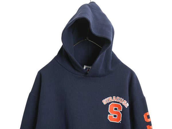 00s ラッセル 3面 カレッジ プリント スウェット フード パーカー メンズ レディース M オールド トレーナー 裏起毛 プルオーバー 薄手 紺