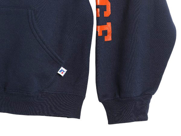 00s ラッセル 3面 カレッジ プリント スウェット フード パーカー メンズ レディース M オールド トレーナー 裏起毛 プルオーバー 薄手 紺