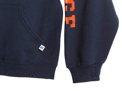 00s ラッセル 3面 カレッジ プリント スウェット フード パーカー メンズ レディース M オールド トレーナー 裏起毛 プルオーバー 薄手 紺