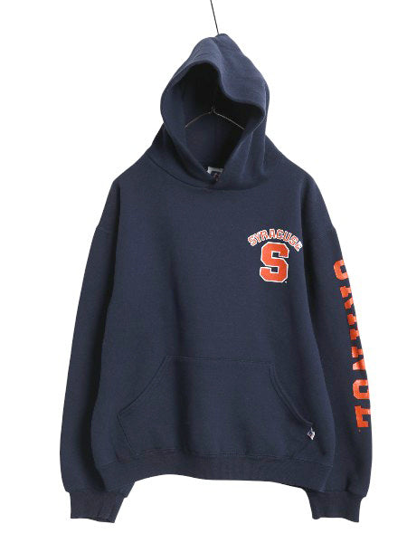 00s ラッセル 3面 カレッジ プリント スウェット フード パーカー メンズ レディース M オールド トレーナー 裏起毛 プルオーバー 薄手 紺