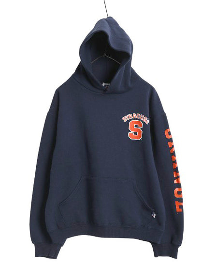 00s ラッセル 3面 カレッジ プリント スウェット フード パーカー メンズ レディース M オールド トレーナー 裏起毛 プルオーバー 薄手 紺