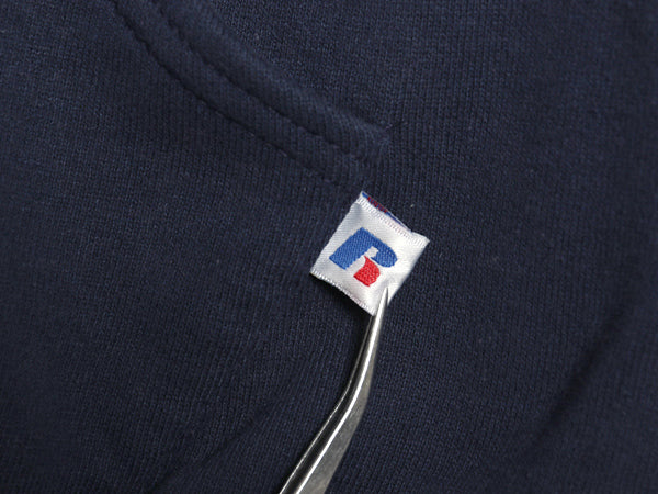 00s ラッセル 3面 カレッジ プリント スウェット フード パーカー メンズ レディース M オールド トレーナー 裏起毛 プルオーバー 薄手 紺