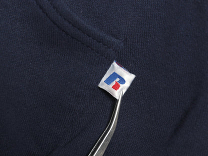 00s ラッセル 3面 カレッジ プリント スウェット フード パーカー メンズ レディース M オールド トレーナー 裏起毛 プルオーバー 薄手 紺