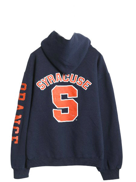 00s ラッセル 3面 カレッジ プリント スウェット フード パーカー メンズ レディース M オールド トレーナー 裏起毛 プルオーバー 薄手 紺