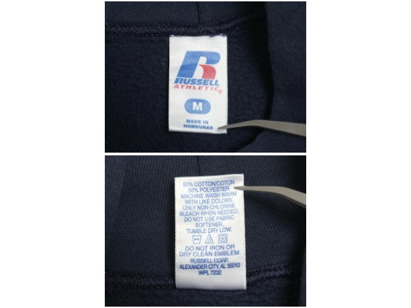 00s ラッセル 3面 カレッジ プリント スウェット フード パーカー メンズ レディース M オールド トレーナー 裏起毛 プルオーバー 薄手 紺