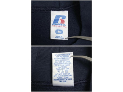 00s ラッセル 3面 カレッジ プリント スウェット フード パーカー メンズ レディース M オールド トレーナー 裏起毛 プルオーバー 薄手 紺