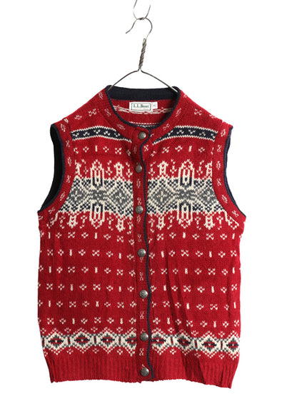 80s USA製 エルエルビーン ウール ニット ベスト レディース M 旧タグ ヴィンテージ バーズアイ ノルディック 前開き 重ね着 総柄 セーター