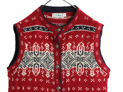 80s USA製 エルエルビーン ウール ニット ベスト レディース M 旧タグ ヴィンテージ バーズアイ ノルディック 前開き 重ね着 総柄 セーター