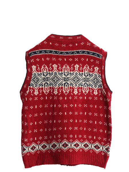 80s USA製 エルエルビーン ウール ニット ベスト レディース M 旧タグ ヴィンテージ バーズアイ ノルディック 前開き 重ね着 総柄 セーター