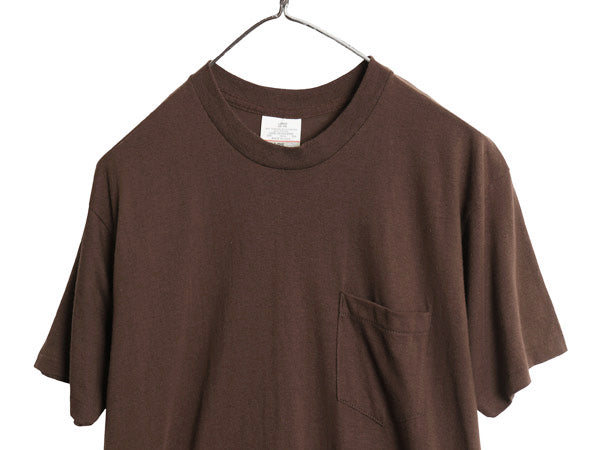 80s USA製 シアーズ ポケット付き 無地 半袖 Tシャツ メンズ L 小さめ S / ヴィンテージ 耳付き ポケT シングルステッチ トップス ブラウン