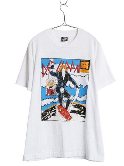  80s USA製 ★ デフレパード アメコミ イラスト プリント Tシャツ メンズ L 古着 ヴィンテージ 当時物 バンド ロック シングルステッチ 白