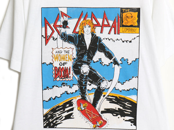  80s USA製 ★ デフレパード アメコミ イラスト プリント Tシャツ メンズ L 古着 ヴィンテージ 当時物 バンド ロック シングルステッチ 白
