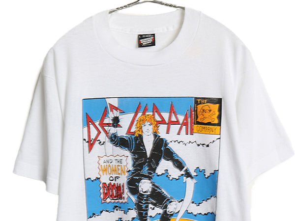  80s USA製 ★ デフレパード アメコミ イラスト プリント Tシャツ メンズ L 古着 ヴィンテージ 当時物 バンド ロック シングルステッチ 白