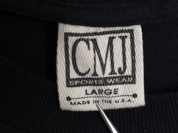 90s USA製 ★ CMJ 3Dエンブレム ピンナップガール イラスト プリント Tシャツ メンズ L オールド 当時物 ハーレー ダビットソン バイク 黒