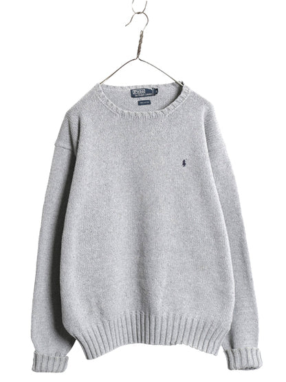 90s ポロ ラルフローレン コットン ニット セーター メンズ XL オールド 長袖ニット ワンポイント クルーネック シンプル 大きいサイズ 灰
