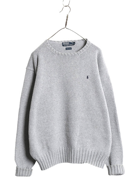 90s ポロ ラルフローレン コットン ニット セーター メンズ XL オールド 長袖ニット ワンポイント クルーネック シンプル 大きいサイズ 灰