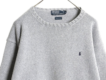 90s ポロ ラルフローレン コットン ニット セーター メンズ XL オールド 長袖ニット ワンポイント クルーネック シンプル 大きいサイズ 灰